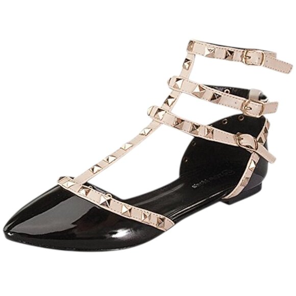 Studded Pointed Toe Punk Flats – Black Patent & Beige Triple Buckle Sandals - Picture 4 of 7